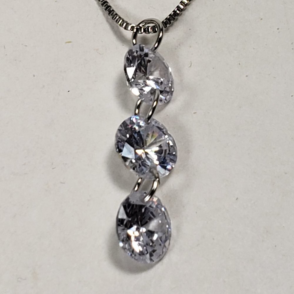 Necklace - Swarovski Crystal  - Triple Stones Drop Pendant, Rhodium Overlay, 18" - Picture 11 of 13
